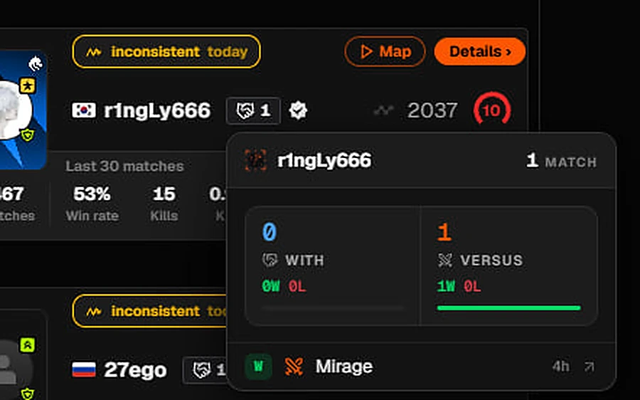 Have we met popover with the win and loss record against this player