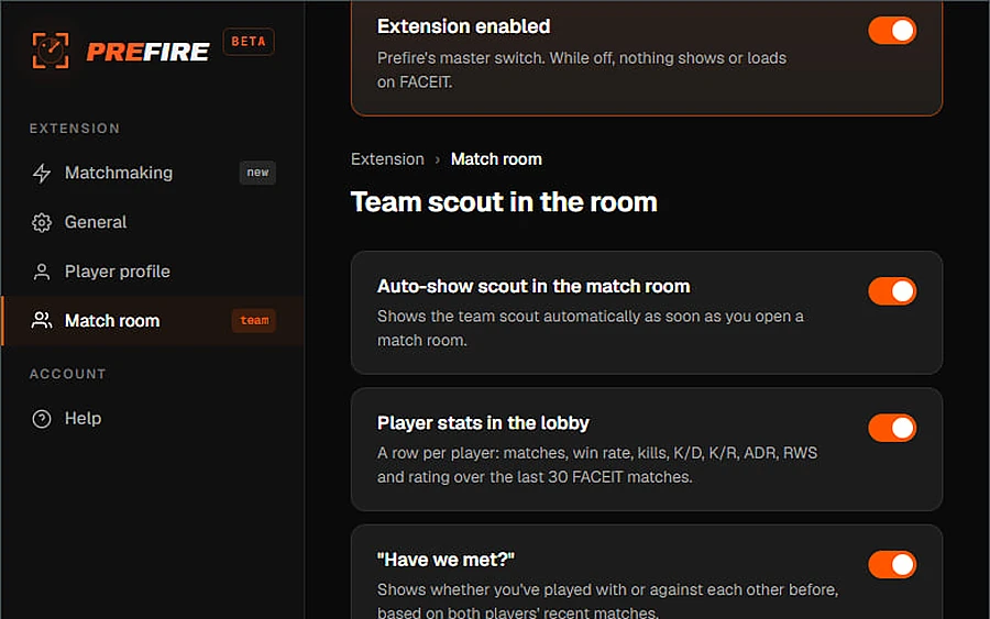 Prefire settings: a master switch on top and a toggle for every feature